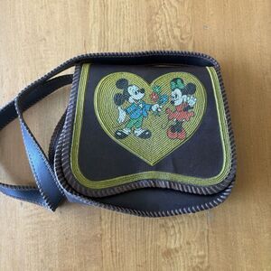 Vintage Disney Mickey & Minnie Mouse Faux Leather Beaded Purse Retro Boho